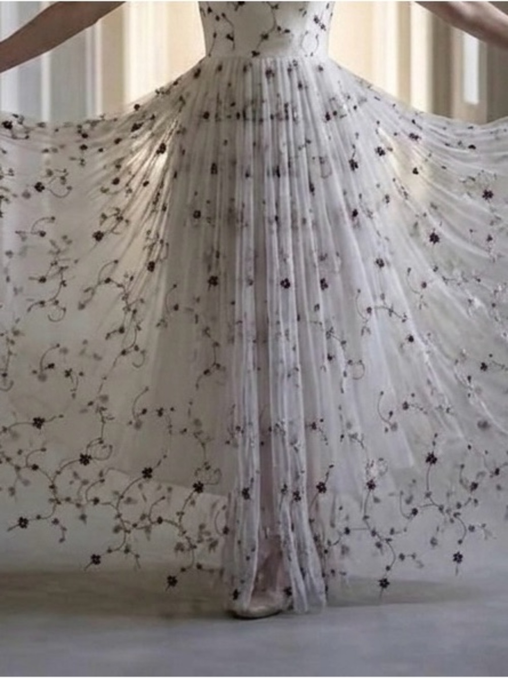 Ethereal Long Tulle Gown with Delicate Floral Rosette Embroidery (L? 10?)